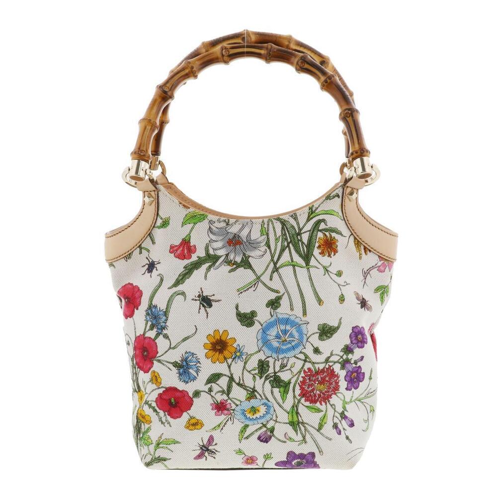 Gucci Bamboo Flora Flower Handbag Botanical Beige Ivory White